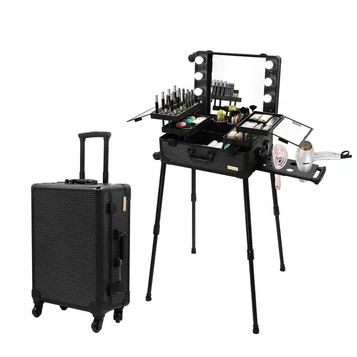 Professional Rolling Makeup Trolley Case with LED Mirror and Adjustable Stand